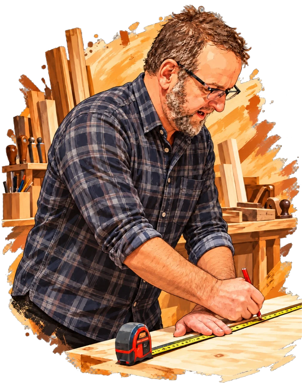 Illustration of Anthony Endean marking a board at his workbench