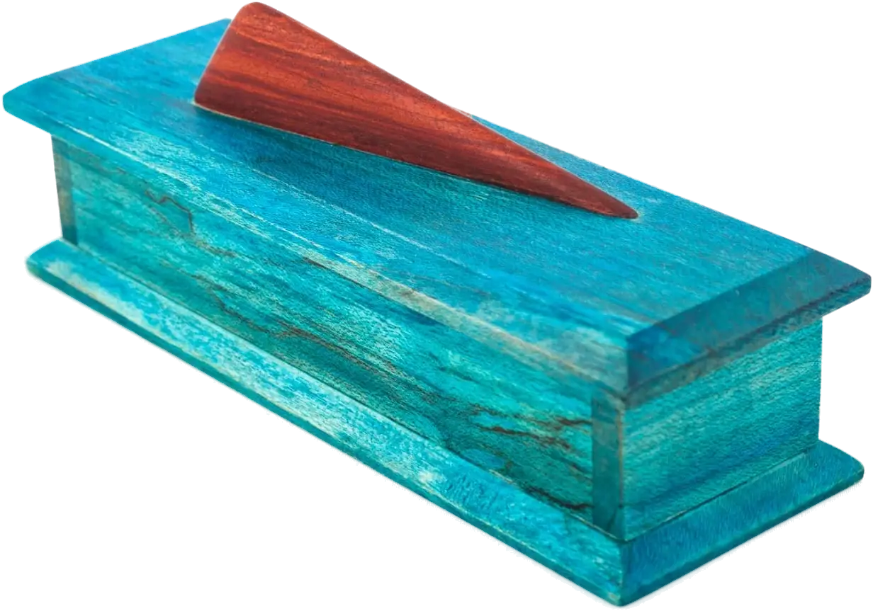 Thalassa. A lidded box in teal-dyed burl, the grain moving through the colour like currents. A slim red wedge handle rises from the lid.