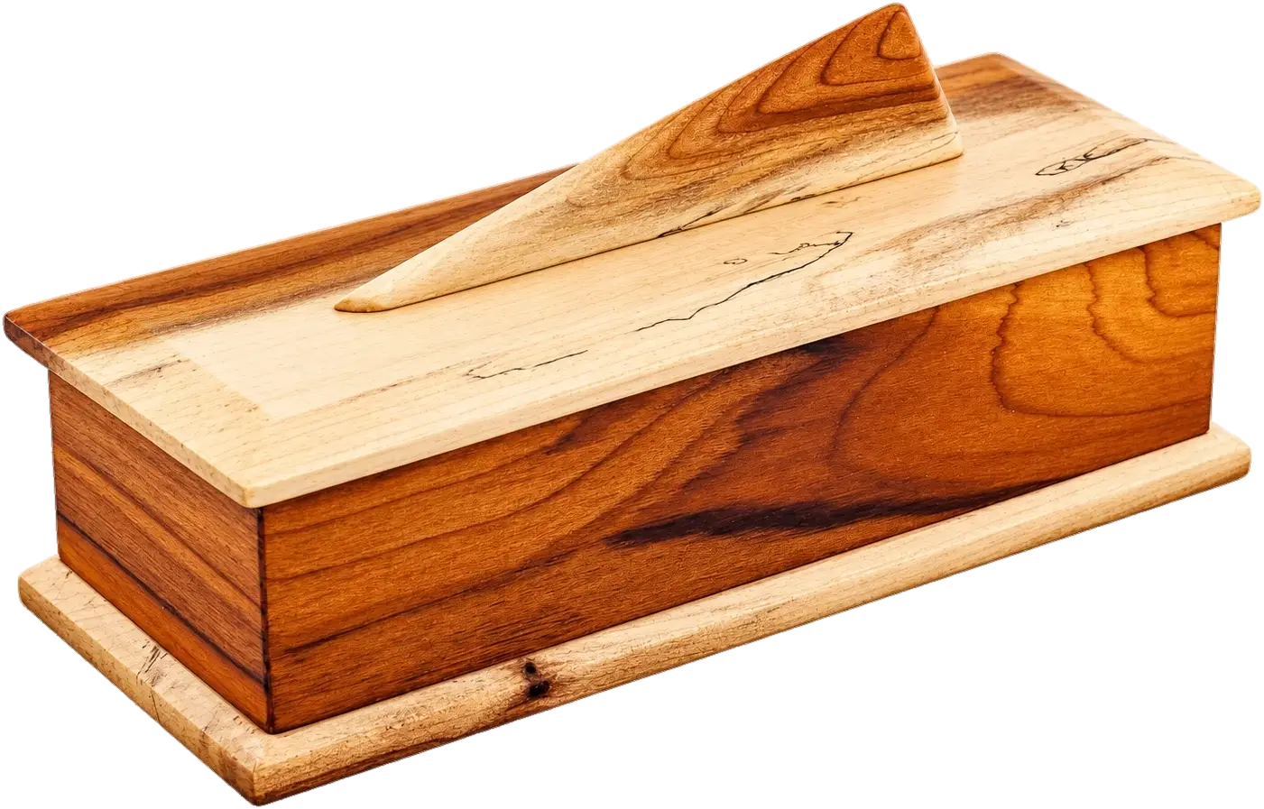 Thalassa. A lid of pale wood traced with fine dark lines, over a body of amber grain that runs in warm streaks. The wedge handle is a soft orange-brown, and the base is pale.