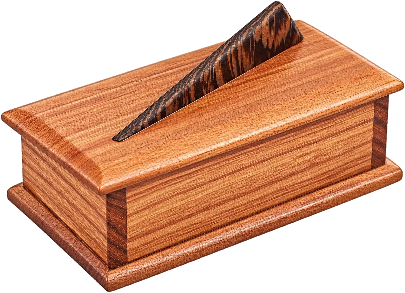Thalassa · Burnt Sienna. Orange-red grain through lid, body and base. A dark, striped wedge handle rises from the lid.