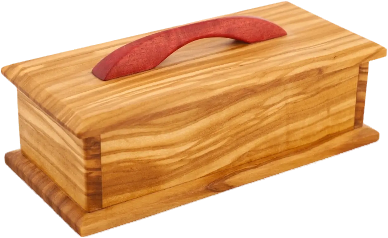 Thalassa. Golden wood with bold, dark figure over the whole box. A red arched handle sits on the lid.