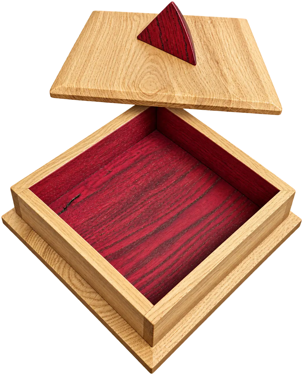 Haven · Pale Straw. A square box in pale striped wood, shown with its lid set aside. The inside is lined in red, and a slim red wedge handle sits on the lid.
