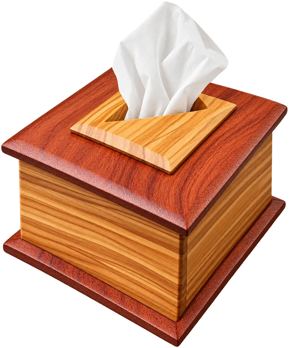 Haven · Flame Red. A square tissue box in two woods. A red lid and base frame a pale striped body, and the slot in the lid is cut from the same pale wood.