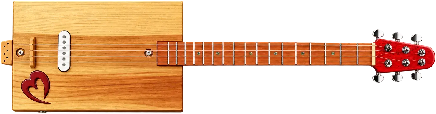 Heartwood · Red Heart. A plain box body in pale wood with a long neck and a red headstock.