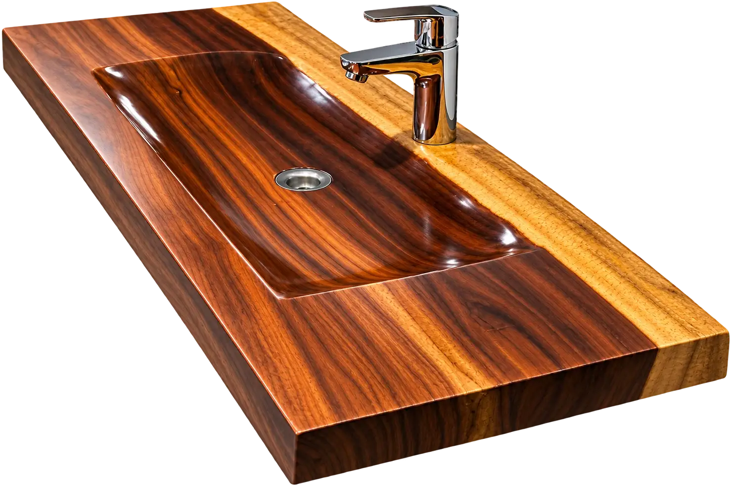 Casa · Carved Basin. A washbasin top with the basin hollowed from the wood itself: a long, shallow dish in dark figured wood, a pale band along one edge, and a chrome mixer tap.