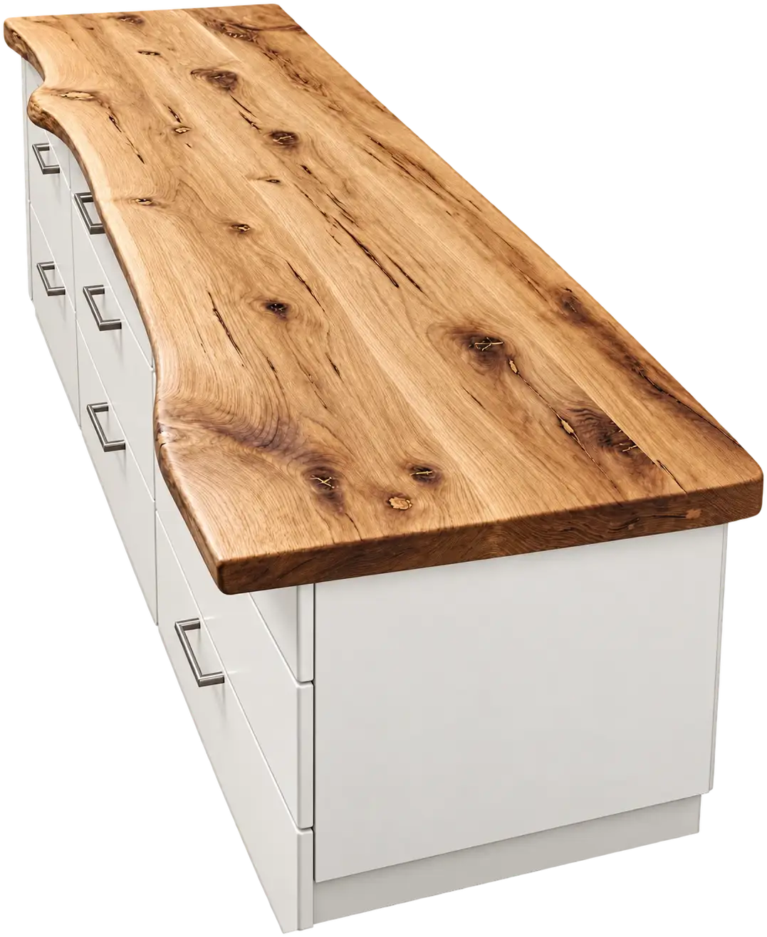 Casa · Live Edge. A thick worktop with its natural live edge kept along the front, the surface full of knots and open grain, shown on plain white drawers.