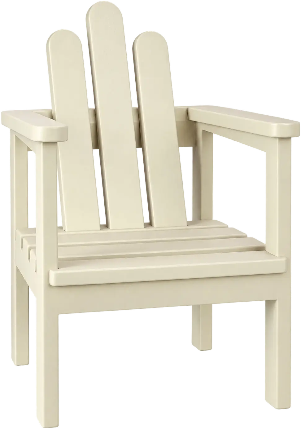 Casa. A slatted armchair painted a soft cream: three tall back slats with rounded tops, wide flat arms, and a slatted seat.