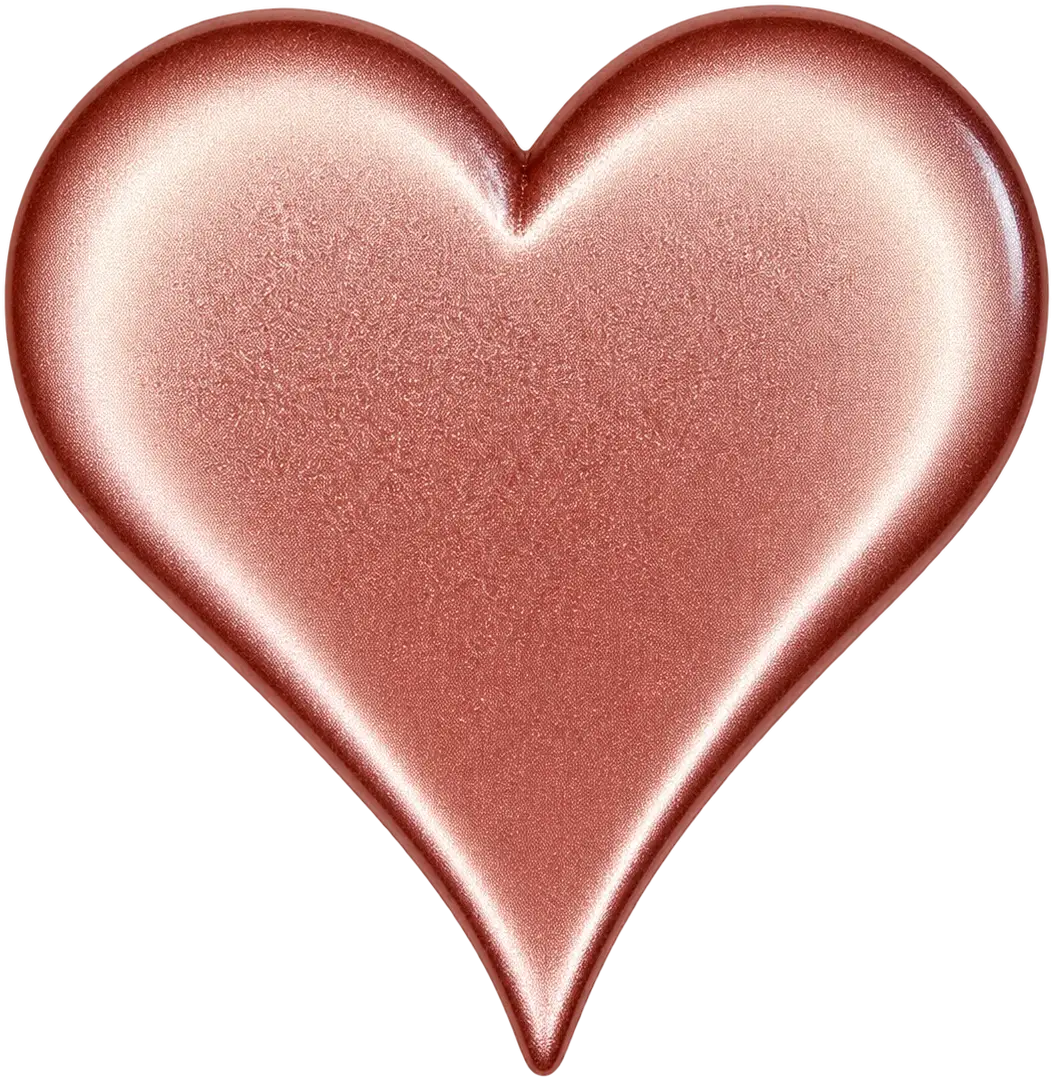 Lief · Rose Heart. A heart in a metallic rose finish, its surface softly domed and finely textured, the point drawn long.