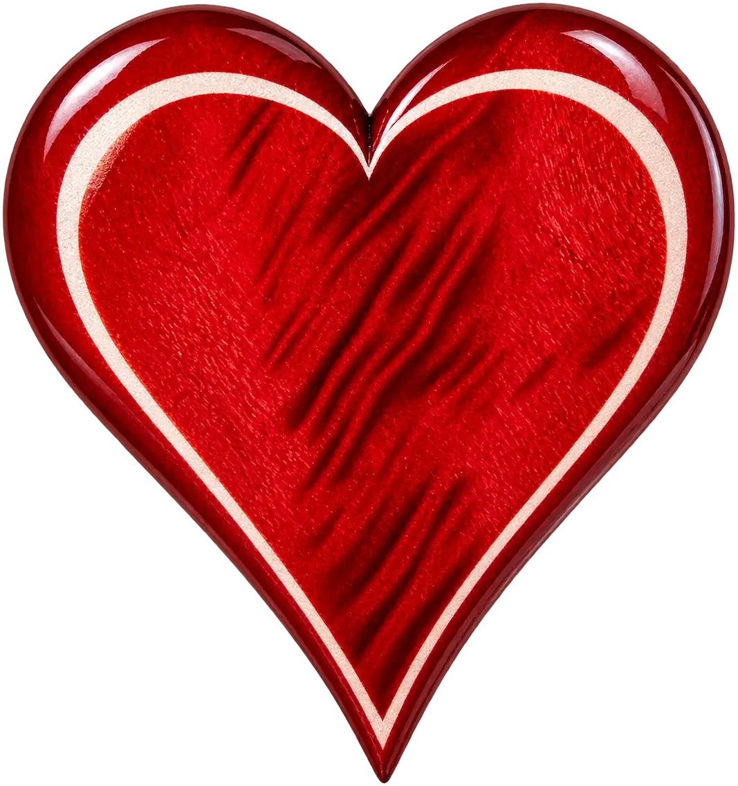 Lief. A heart in deep red figured wood with a high gloss, a pale line inlaid just inside its edge.