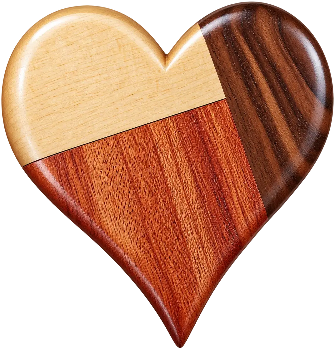 Lief · Three Woods. A heart joined from three woods: pale blond above, warm red below, and a dark striped band down one side.