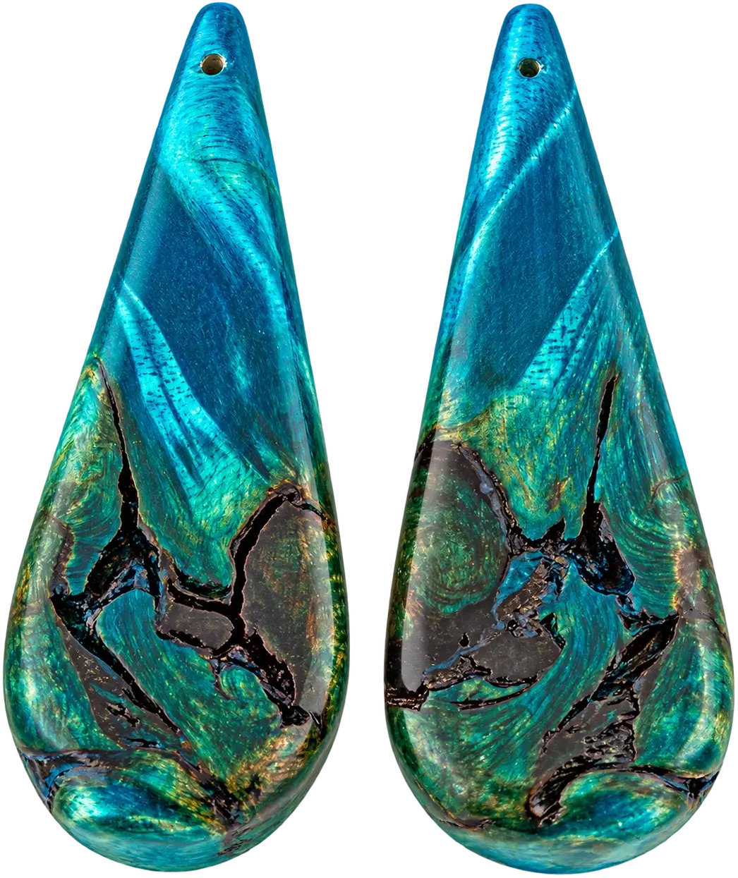 Lief. A pair of long drops in teal-dyed wood, the lower half opening into dark burl figure. Each is drilled at the top to hang.