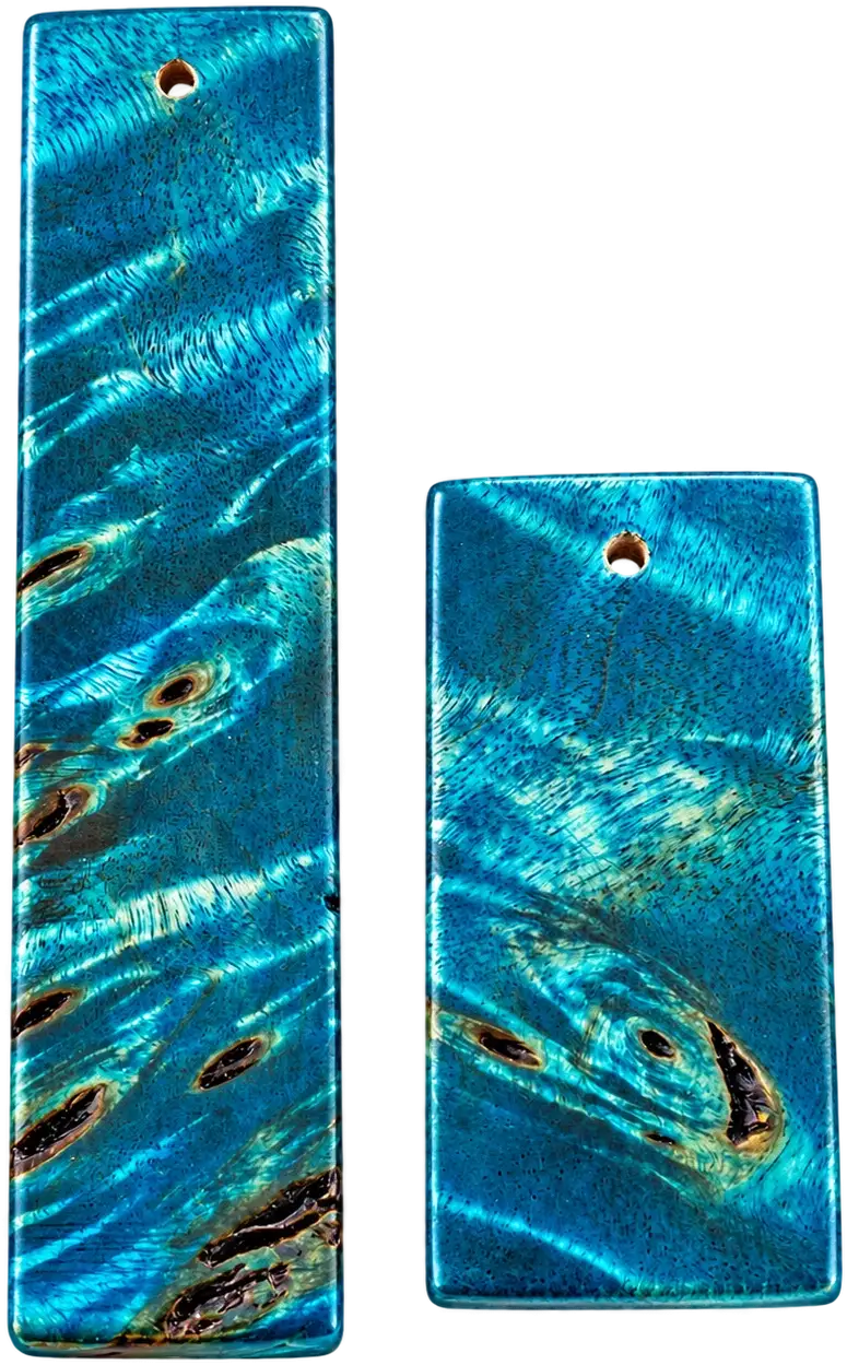 Lief · Blue Tablets. Two flat tablets in blue-dyed figured wood, one long and one short. Each is drilled at the top to hang.