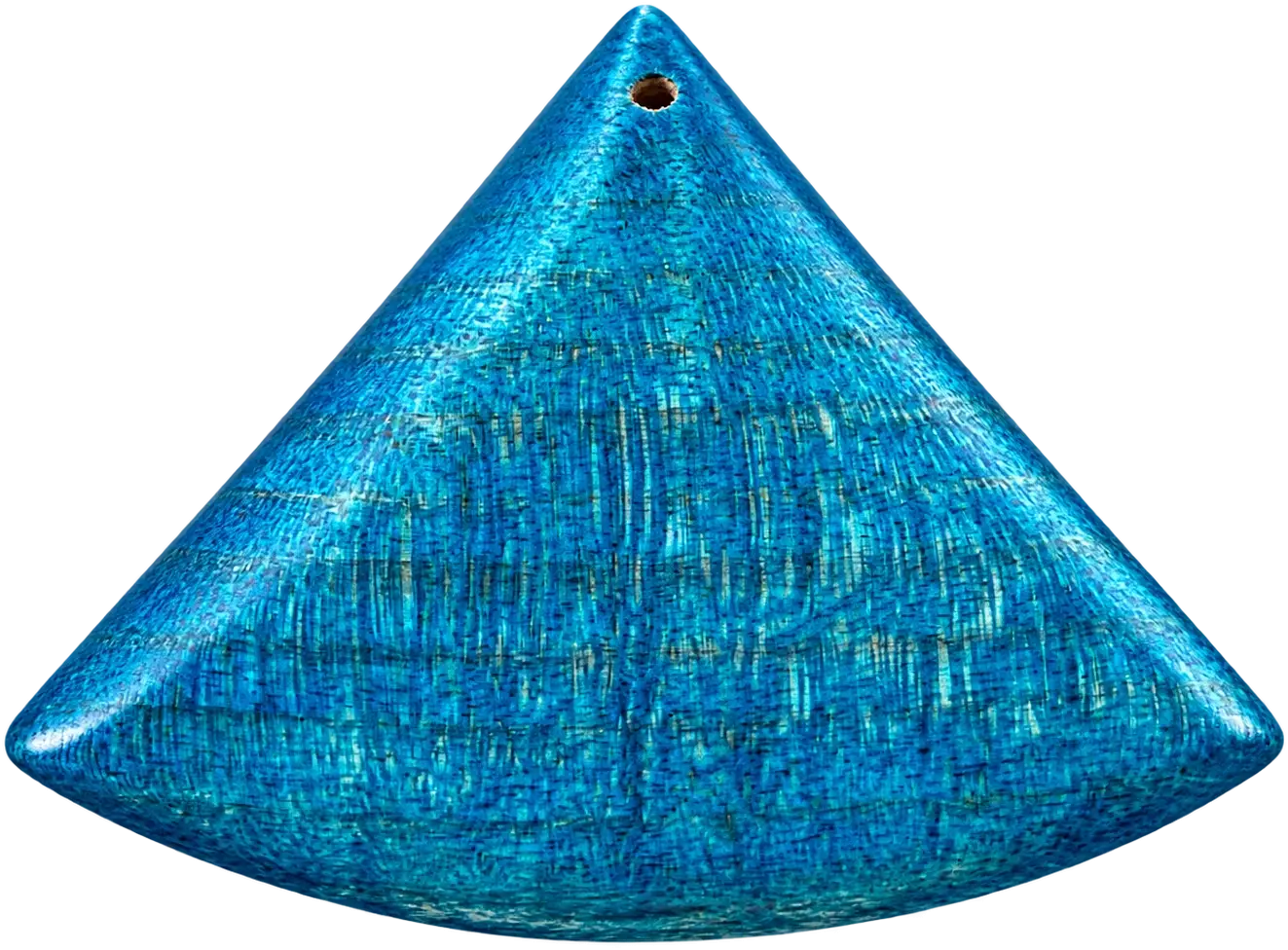 Lief. A wide fan shape in blue-dyed wood, its surface crossed by fine figure, drilled at the point to hang.