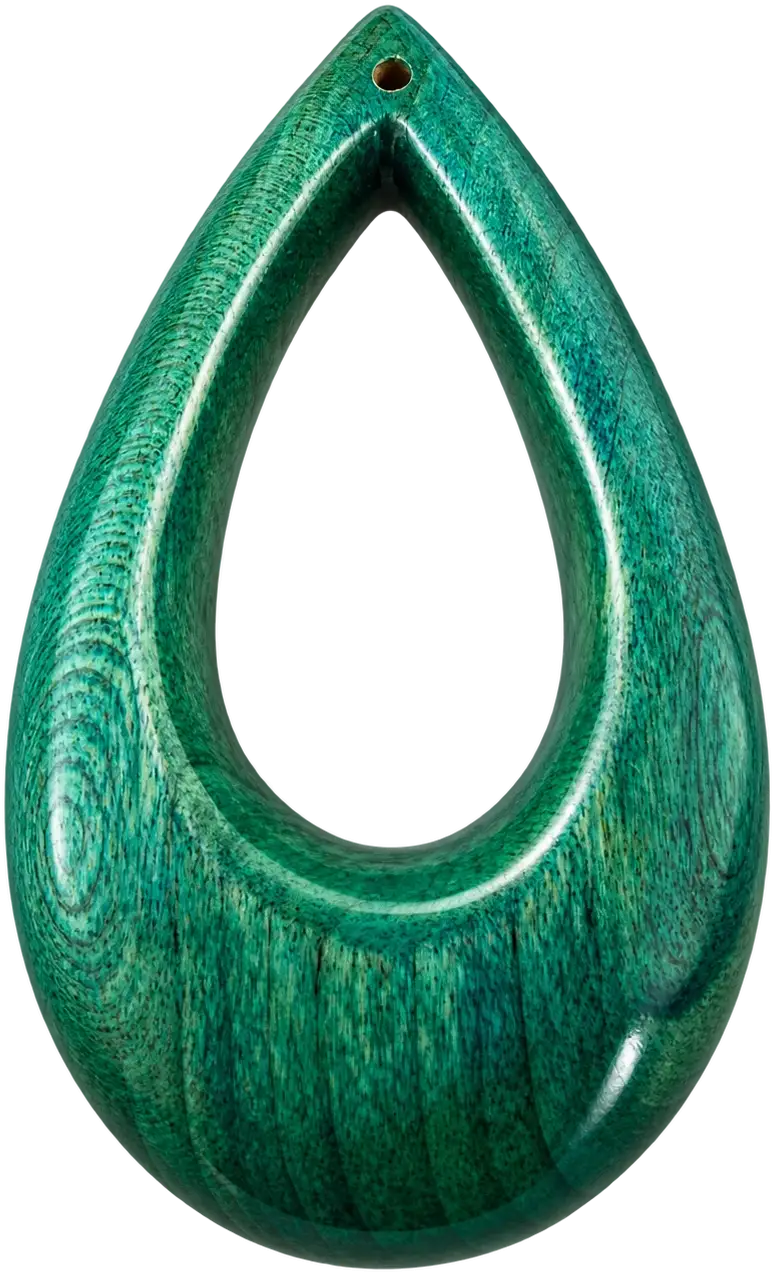Lief · Green Hoop. A teardrop hoop in green-dyed wood with a soft sheen, drilled at the point to hang.