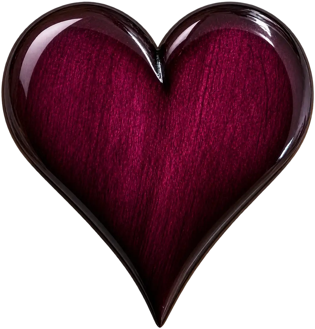 Lief · Plum Heart. A heart in deep plum figured wood under a high gloss, the colour darkening to near black along its edges, the point drawn long.