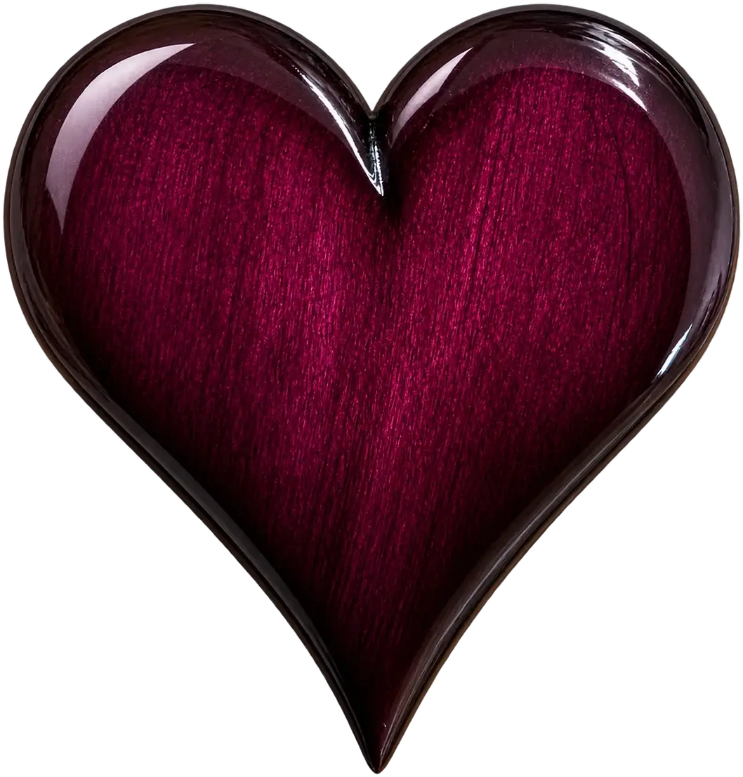 Lief. A heart in deep plum figured wood under a high gloss, the colour darkening to near black along its edges, the point drawn long.