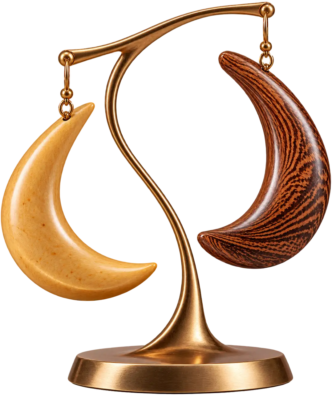 Due Lune. A deliberately unmatched pair: one pale crescent, one dark and striped.
