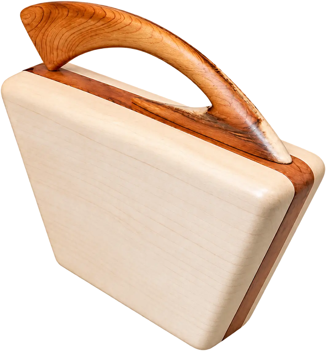 Faros. A pale body with soft, rounded edges, carried by a curved two-tone handle that sweeps up like a wing. A dark band runs along the top edge.
