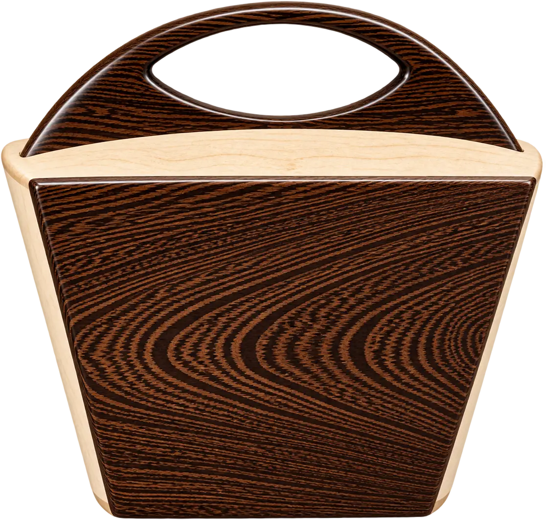 Onda Scura. Panels of dark, rolling grain set into pale sides, under a broad arched handle with an oval opening. The grain moves like water across the front.