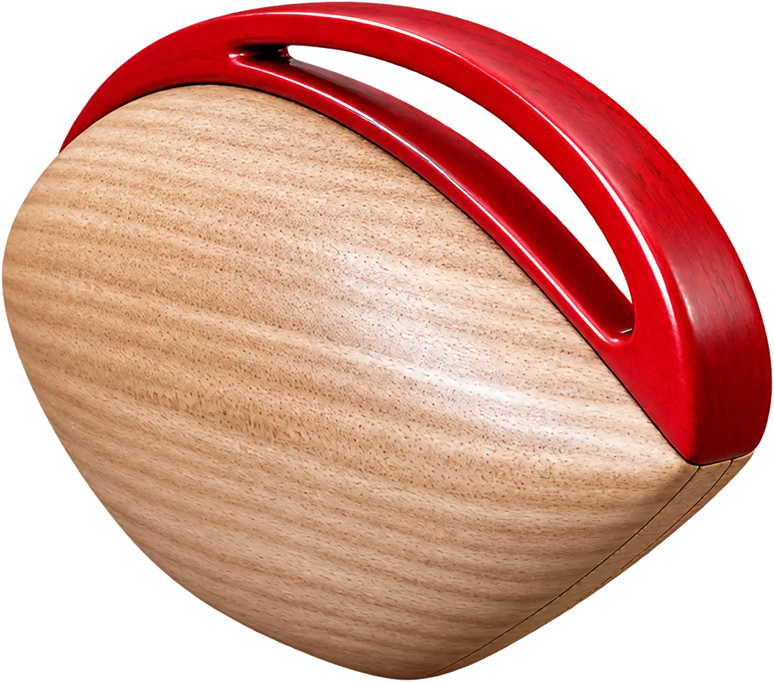 Mandorla Rossa. A smooth, pointed-oval body in pale wood, held by a slender red handle that follows its curve.