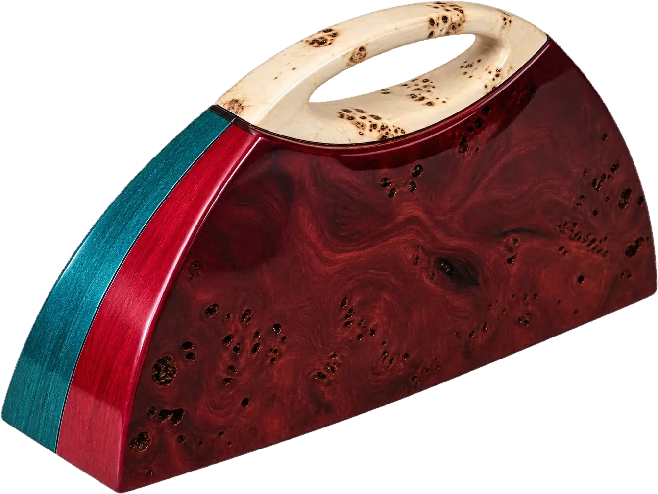 Selas. One face in deep teal burl with a red stripe; the other in red burl with a teal stripe. A pale burl handle joins the two.