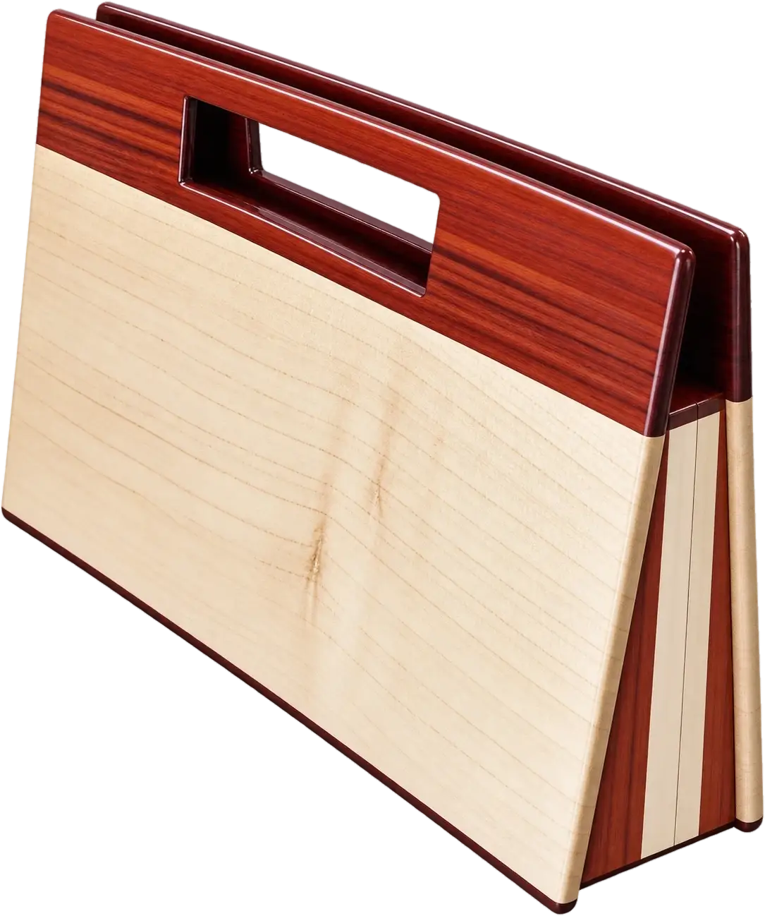 Anthesa. Straight lines and a long rectangular handle opening. A red-brown top band over a pale body, with striped sides.